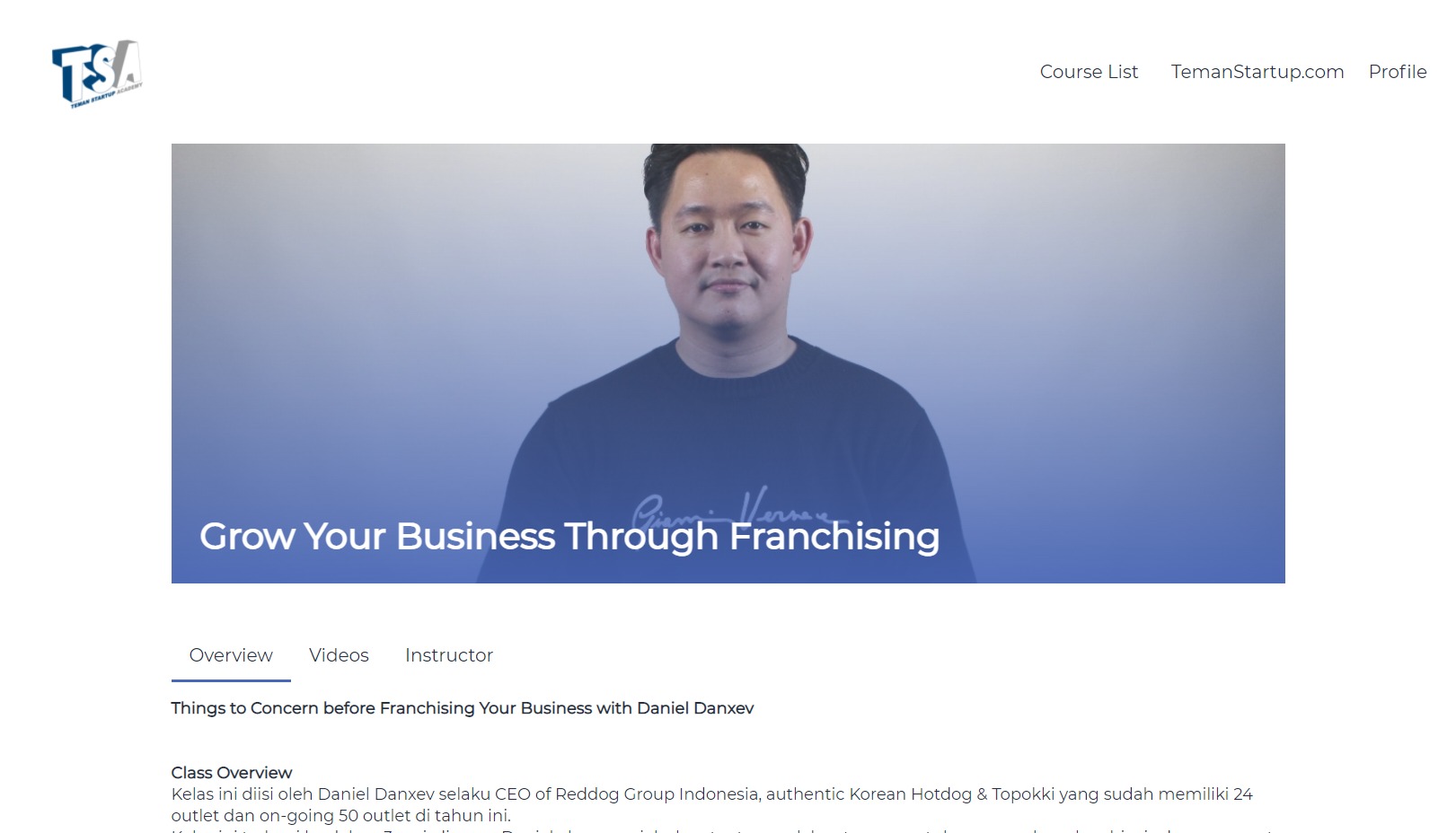 Course Page of Teman Startup Academy
