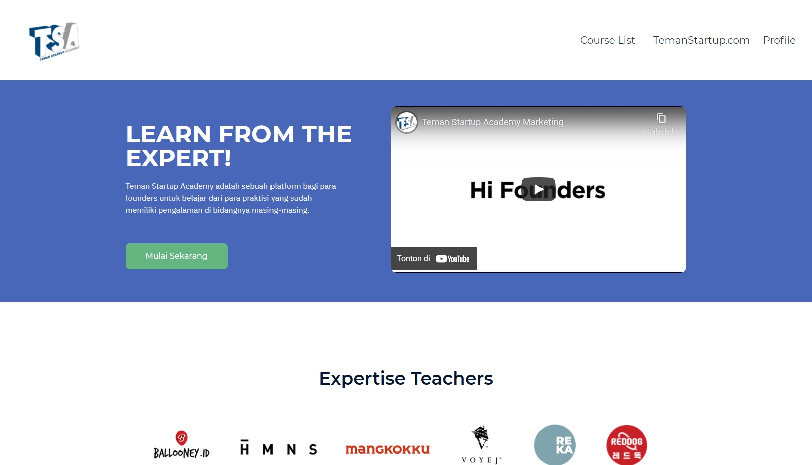 Homepage of Teman Startup Academy